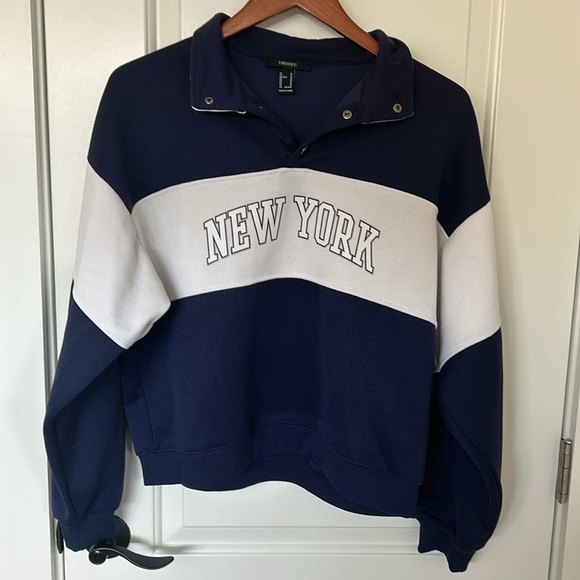 New York Collared Pullover Sweater Sweatshirt Navy/White - Picture 2 of 6
